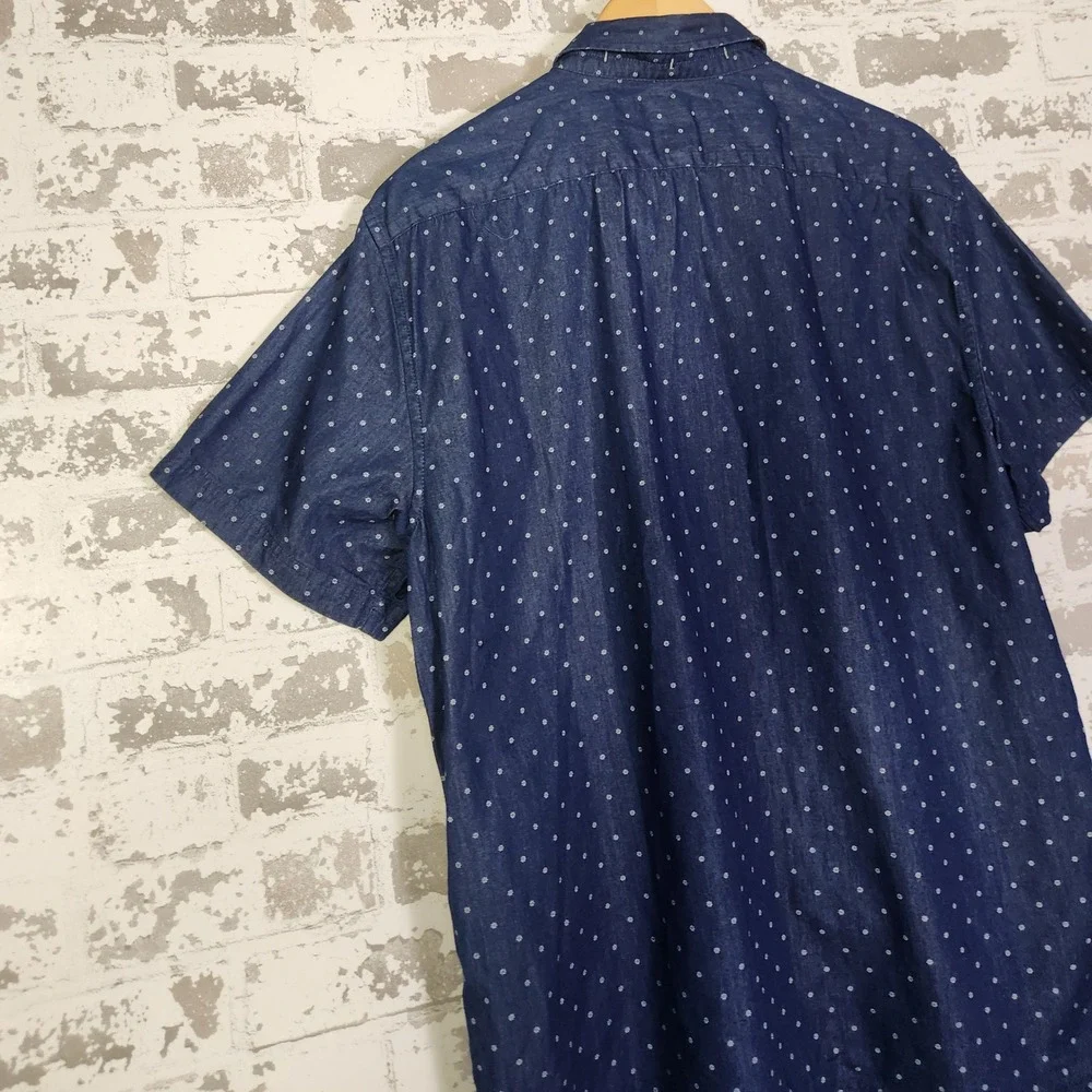 Banana Republic Mens Shirt Size L Button Up Navy Dot Print Short Sleeve Slim Fit